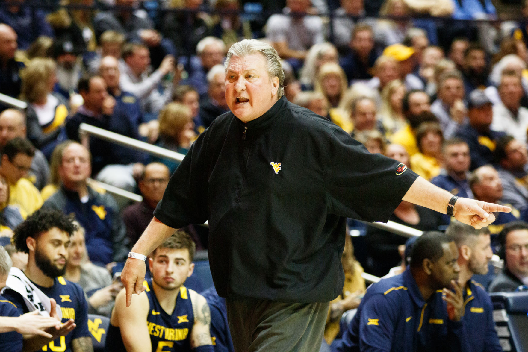 West Virginia head coach Bob Huggins yells at the referee during West Virginia's season opener against Akron on Nov. 8, 2019 at the WVU Coliseum.